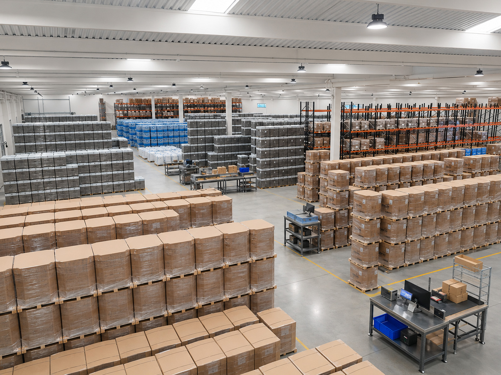 Interior del centro logístico Logistix: pallets, estanterías y estaciones de packing con software propio